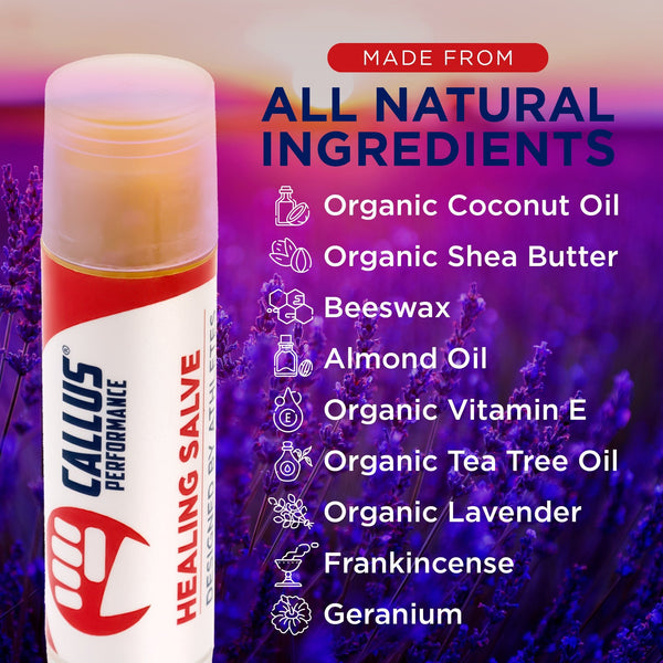 callus-healing-salve non greasy, deep healing, balm format, easy travel, natural and organic