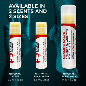 callus-healing-salve non greasy, deep healing, balm format, easy travel, natural and organic, tee tree oil, peppermint